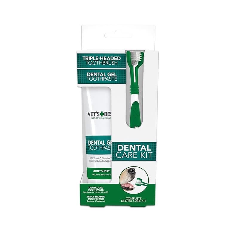 Dental Care Kit For Dogs - Triple Headed Brush + Gel