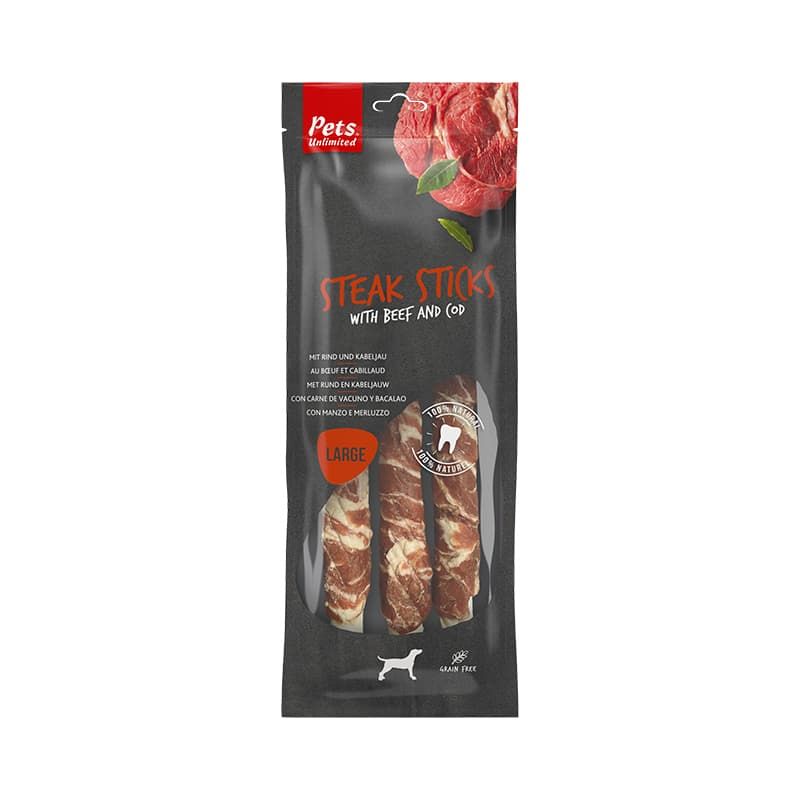 Pets Unlimited Steak Sticks with Beef & Cod for Large Dogs 240g